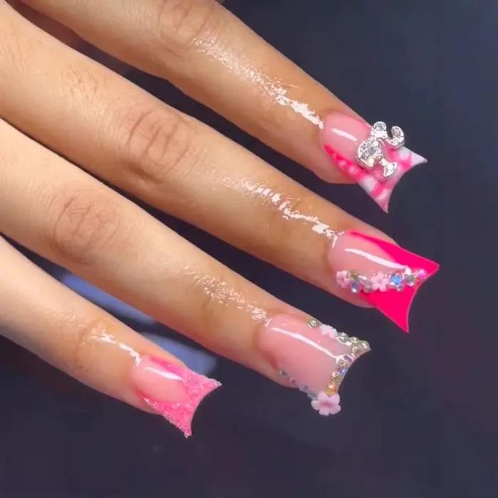 Faux ongles en bec de canard détachables, imprimé léopard Y2k, rose, court, à pression, fleur, couve