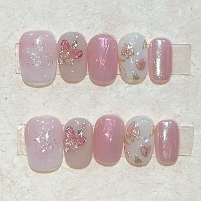 10 pièces rose à la main presse sur les ongles couverture complète ours coeur conception courte rond