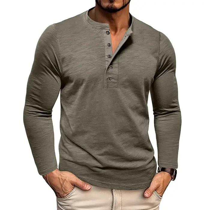 Nouveau automne T-Shirt à manches longues hommes décontracté dessus de couleur unie col Henley mince