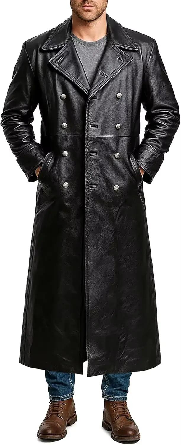 Trench-Coat long en cuir noir pour hommes, marine impériale, U-Boat, sous-marin, capitaine, veste en