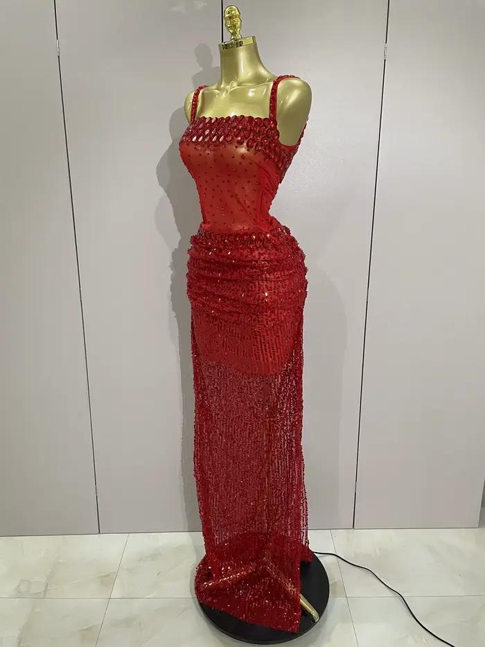 Robe longue 2 pièces transparente et sexy avec strass rouges scintillants et paillettes, pour femmes