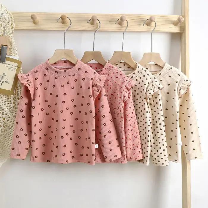 Maillot de corps à manches longues pour enfants, joli t-shirt à pois floraux, chemise en Y douce pou