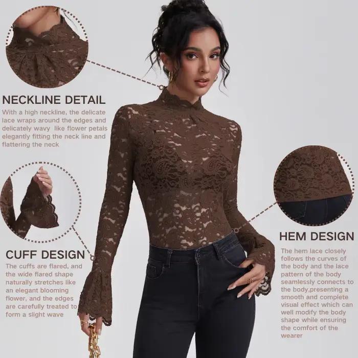 Anfilia femmes chemises en dentelle col roulé élégant Flare manches longues évider coupe ajustée Cro