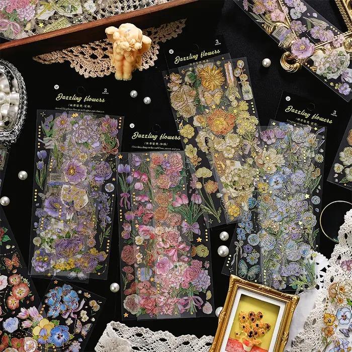 Autocollants fleurs bronzantes, étiquettes esthétiques, matériel de Scrapbooking décoratif, accessoi