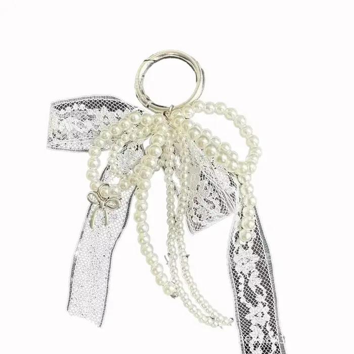 Porte-clés en dentelle mignon, nœud blanc/noir, pendentif de sac, chaîne de téléphone, accessoire d'