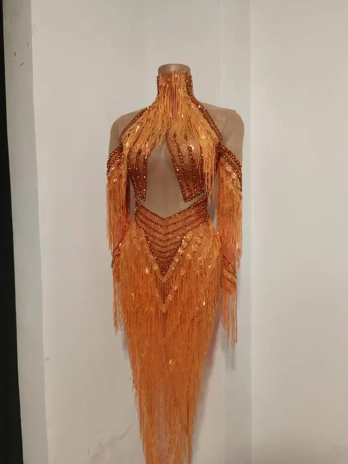 Robe transparente en maille à manches longues avec pompons orange et diamants scintillants pour femm