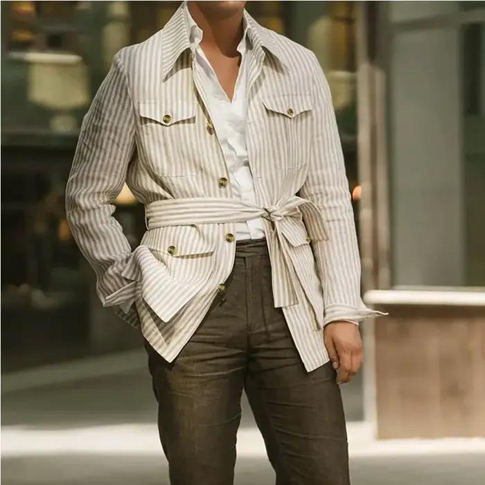 Printemps vêtements hommes léger luxe à manches longues rayé poche chemise décontracté Streetwear ch