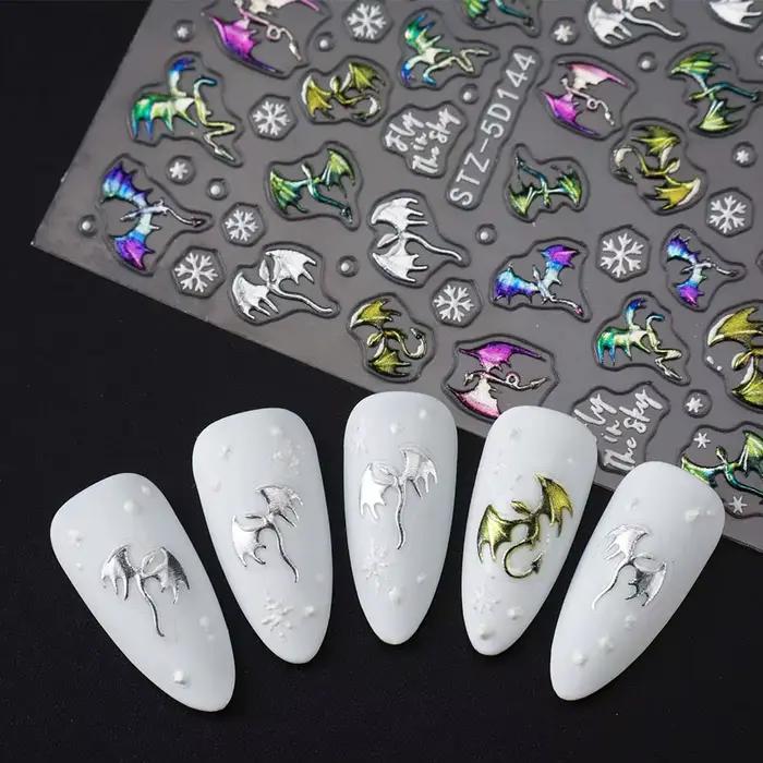 1/2 pièces 5D en relief métallique coloré Dragon ongles autocollants flocons de neige auto-adhésif b