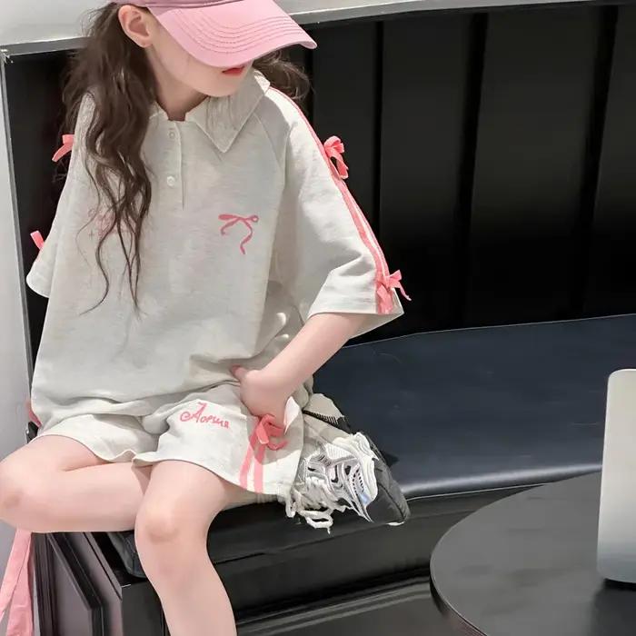 T-Shirt de sport d'été pour filles, costume avec nœud en sangle, pour grands enfants, Version coréen