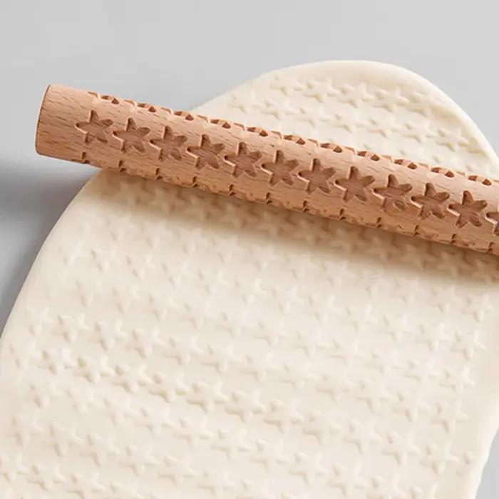 Rouleau à pâtisserie Texture en bois, poterie en céramique, tige en relief, motif de fleur, rouleau