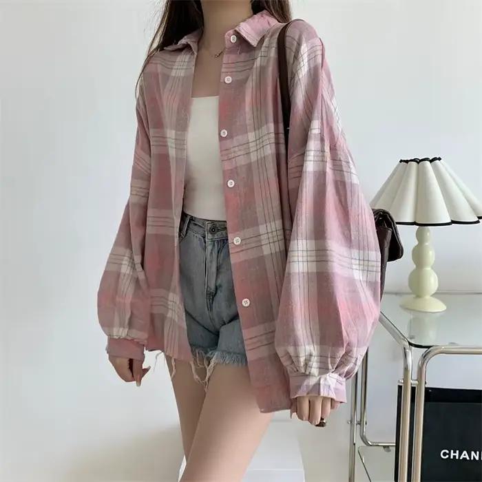 Chemise Tartan à manches longues pour femmes, col boutonné, surdimensionnée, à carreaux, veste Grung