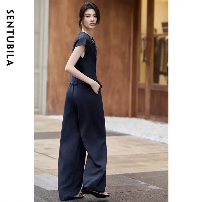 Ensemble pantalon en lin d'été SENTUBILA pour femme, tenue 2 pièces, chemise sans manches col en V s