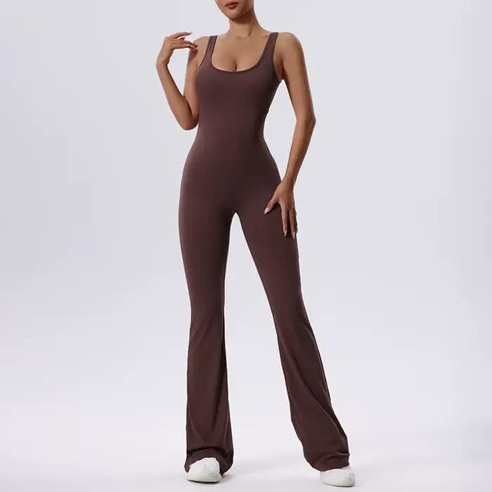 Combinaison de sport une pièce pour femme, dos en V froissé, pantalon évasé imbibé, barboteuses de f