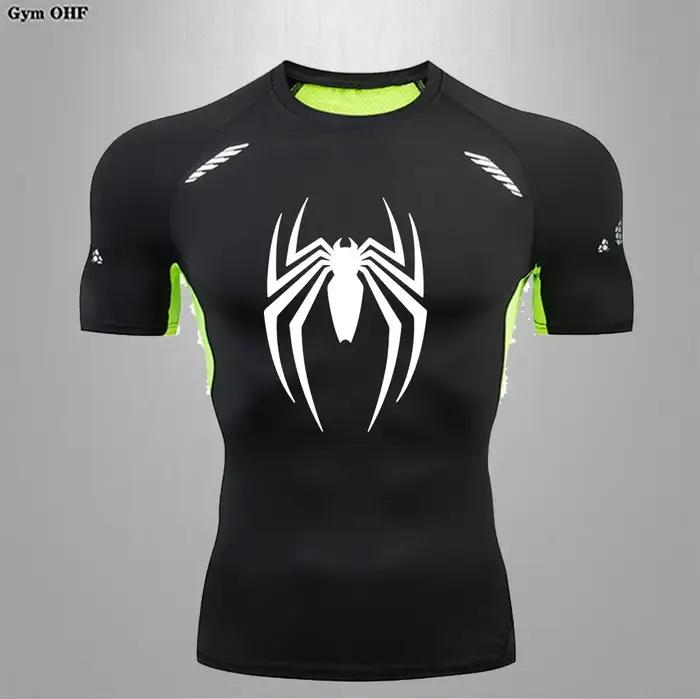 T-shirt compression imprimé Spider pour hommes - Rashguard manches courtes MMA et musculation