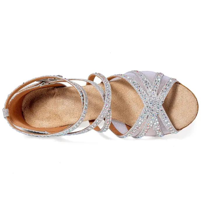 Chaussures de danse latine pour femmes adultes, paillettes argentées, talon de 5.5cm, quatre sangles