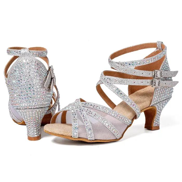 Chaussures de danse latine pour femmes adultes, paillettes argentées, talon de 5.5cm, quatre sangles