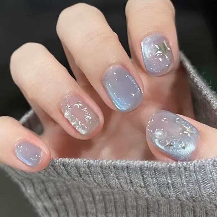 24 pièces cristal oeil de chat faux ongles avec colle court carré presse