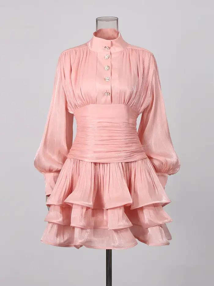 TWOTWINSTYLE élégant minceur épissé volants plis Mini robes pour les femmes col montant manches long