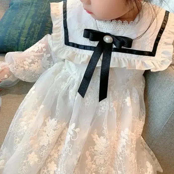Robe coréenne à fleurs Beige pour filles, avec nœud en dentelle, manches longues, décoration pour ad