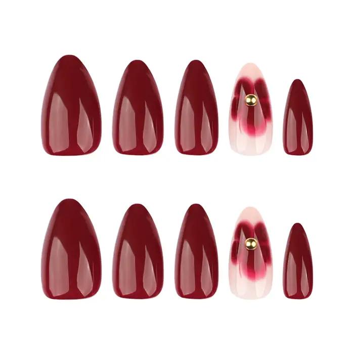 Ensemble d'ongles pour femmes, 24 pièces, en forme d'amande bordeaux, longueur moyenne, couleur unie