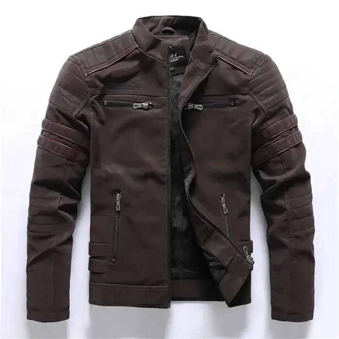 Vintage polaire veste en cuir hiver hommes marque moto PU chaud multi-poches en cuir manteau mâle fe