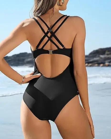Maillot de bain une pièce Anfilia sexy col V femme - Monokini bretelles croisées dos