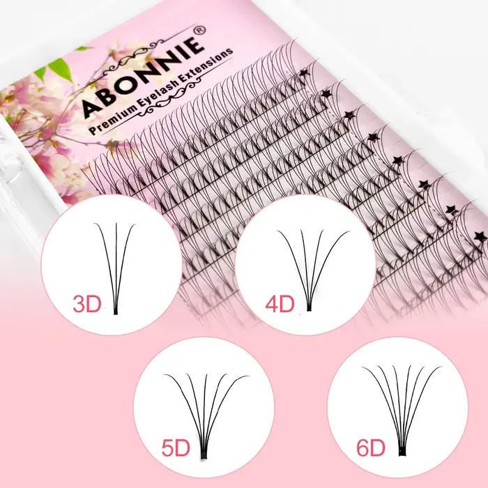 ABONNIE Extensions de cils russes pré-faits en éventail à tige courte 3D/4D/5D/6D, extensions de cil