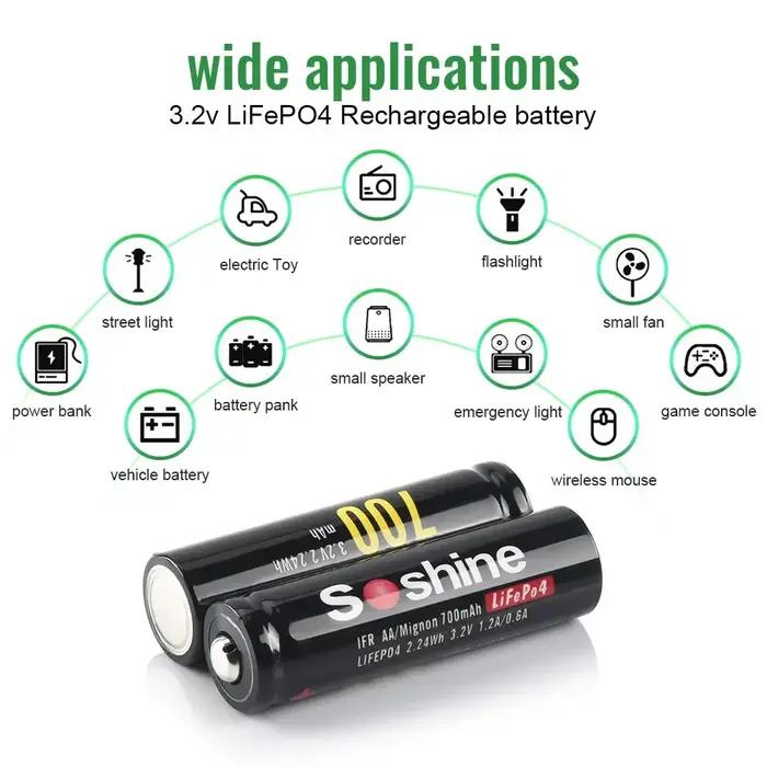 Soshine AA 14500 LiFePO4 batterie 3.2V 700mAh batterie Rechargeable 1000 Cycles temps pour souris sa