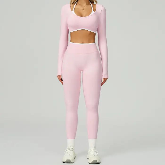 Ensemble de yoga 2 pièces sans couture pour femme, tenue de sport sexy à manches longues et crop top
