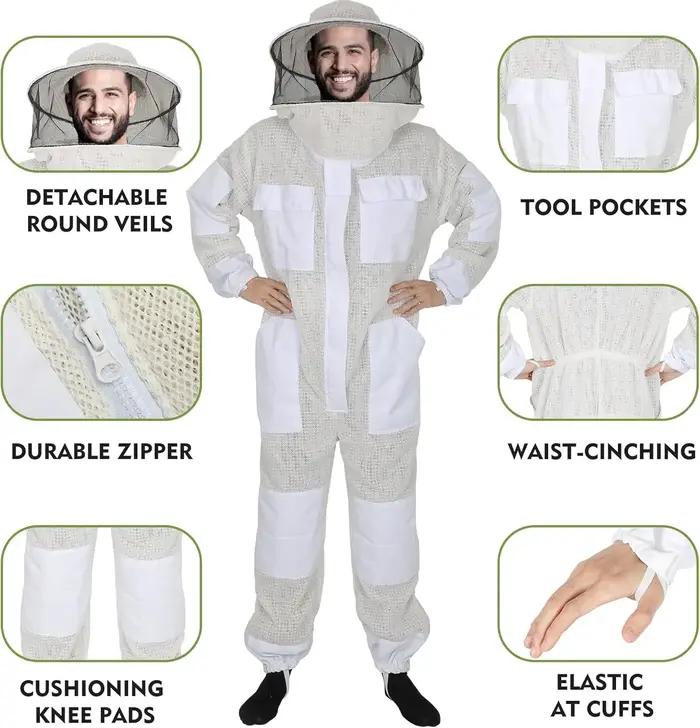 Combinaison de protection anti-abeilles triple couche avec chapeau amovible ventilée pour apiculteurs et amateurs protection ruche travail nature