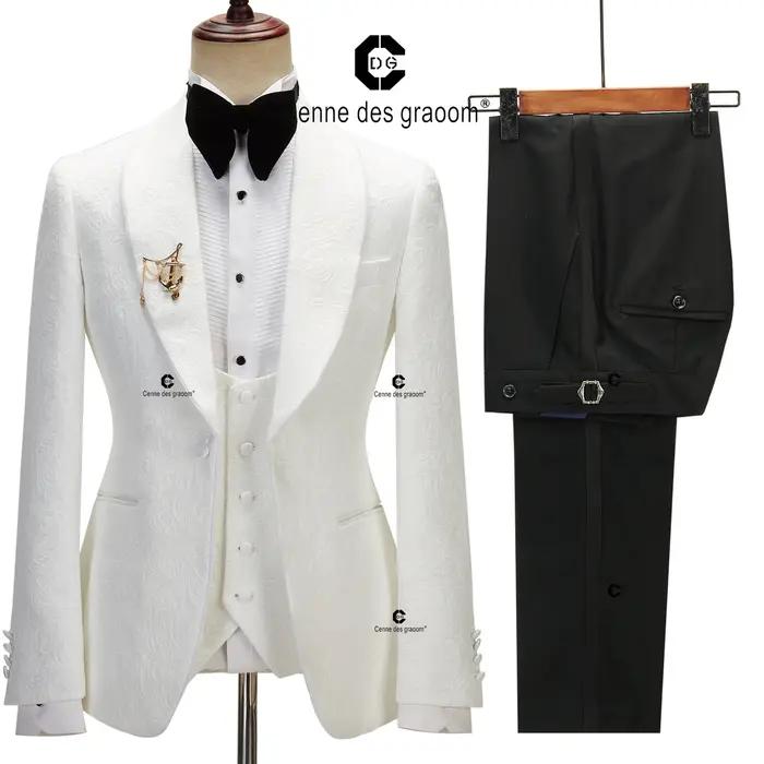 Cenne Des Graoom – costume pour hommes, veste Paisley ivoire, pantalon noir de smoking avec rayures