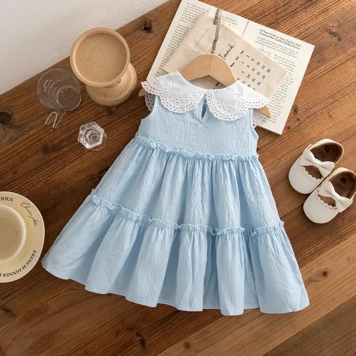 Vêtements d'été en coton pour petites filles, couleur unie, sans manches, à revers, robes de plage m