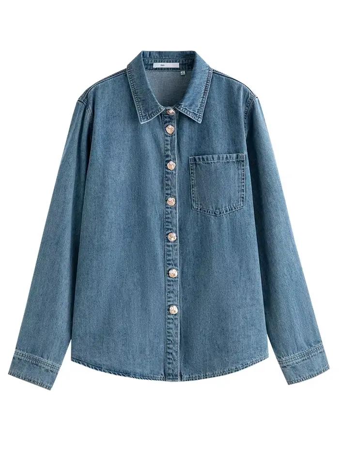 FSLE-Chemise en denim bleu doux pour femme, chemise à col en V empilable, chemise décontractée, chem