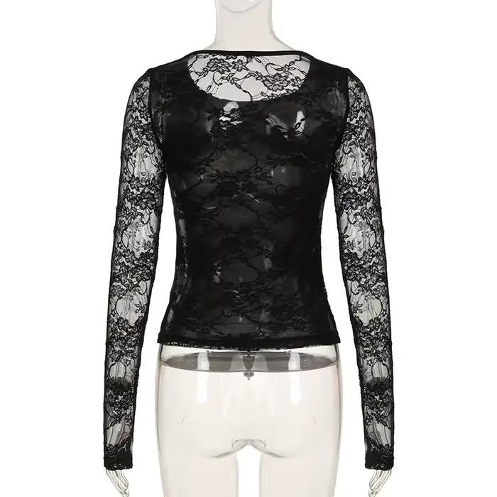 SUCHCUTE noir gothique T-shirt pour femmes Sexy Club dentelle Semi-transparent à manches longues cul