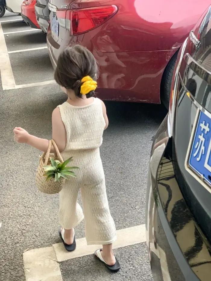 Ensemble de vêtements d'été pour filles, tricoté fin coréen, gilet ajouré et respirant + pantalon à