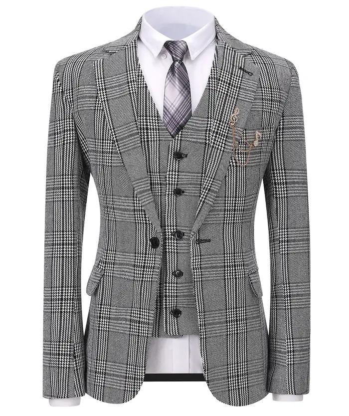 Costume formel 3 pièces pour hommes, coupe cintrée, châle à revers, Plaid en laine douce, Tuxedos gr