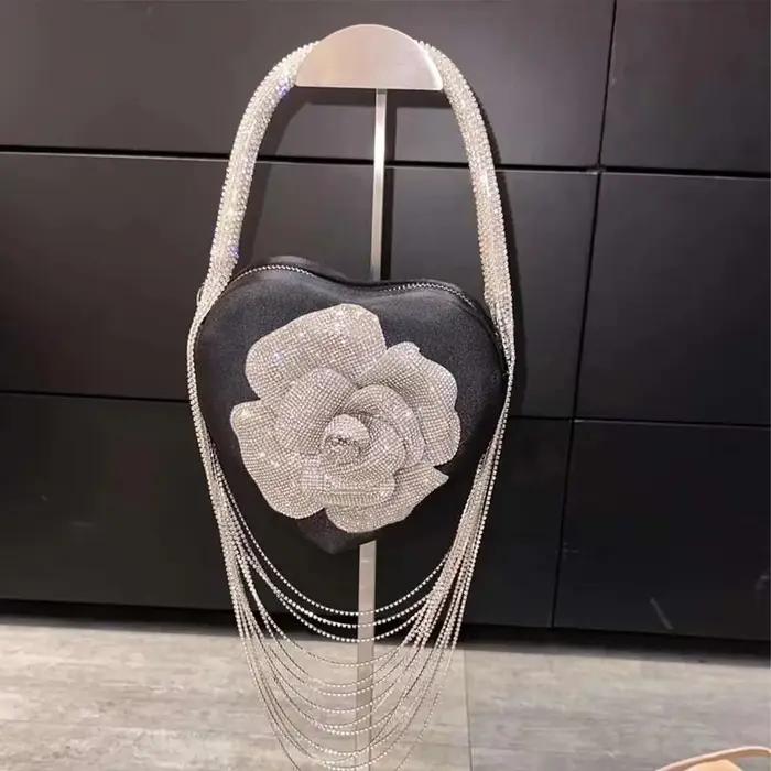 Sac à Main de Luxe à Paillettes Florales, Strass, Diamant, Pompon, en Forme de Cœur, Pochette de ixd