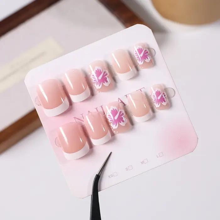 24 pièces blanc rose fleur acrylique faux ongles court carré français faux ongles portable couvertur
