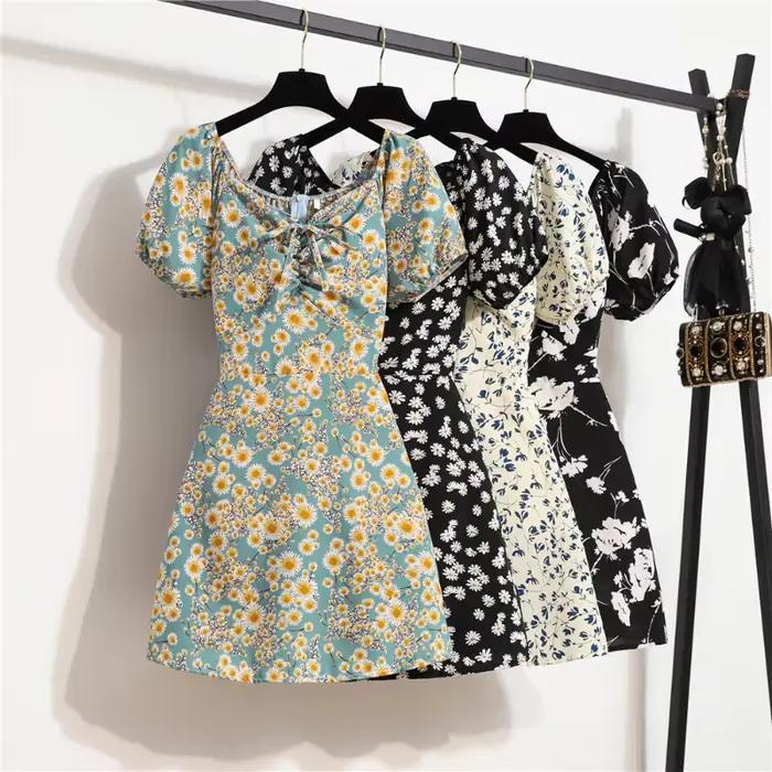 Femmes Mini Robes D'été Mode Femme Robes Imprimé Floral Robes En Mousseline De Soie Fronces Plissée