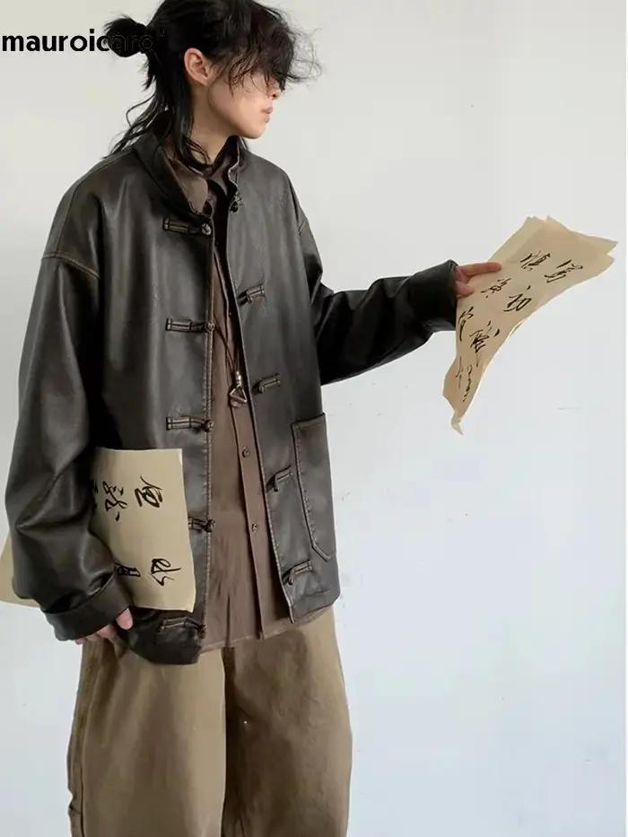 Mauroicardi-Veste en cuir PU vintage pour homme, design de luxe élégant, vêtements de style chinois,
