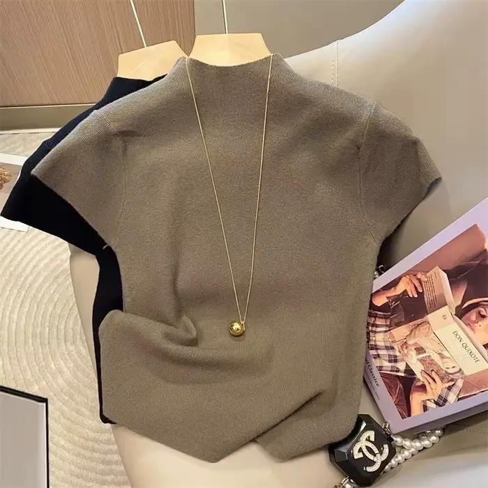 Pull à col roulé pour femme, basique, couleur unie, fin, tricoté, Slim, manches courtes, moulant, ét
