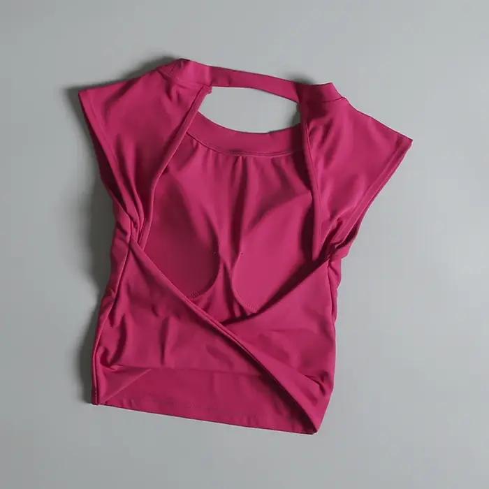 T-shirt sport femme dos nu fixe coussin poitrine - Haut yoga ajustement serré séchage rapide pour entraînement