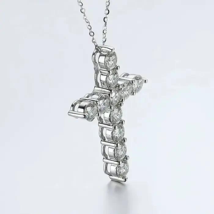 Pendentif croix Moissanite complet, chaîne originale en argent Sterling plaqué or blanc, collier fin