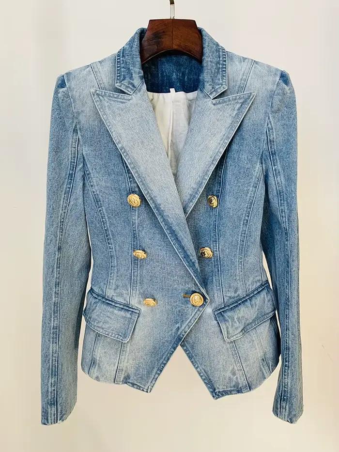 HIGH STREET Nouveauté 2026 Blazer en jean pour femme, coupe ajustée, croisé, avec boutons motif lion