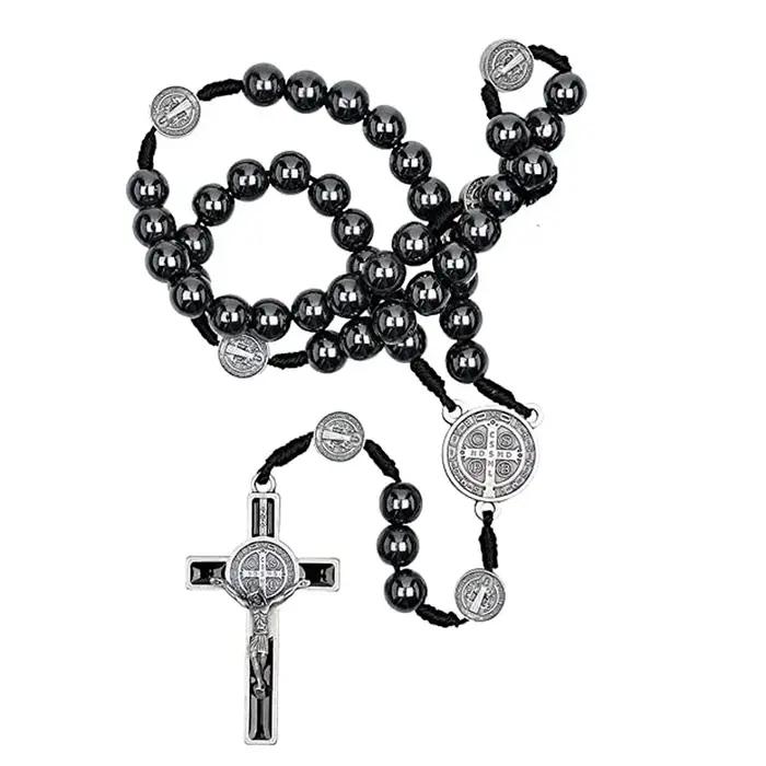 Chapelet catholique, ornement de voiture, perle d'hématite noire, médaille de Saint benoît, croix de