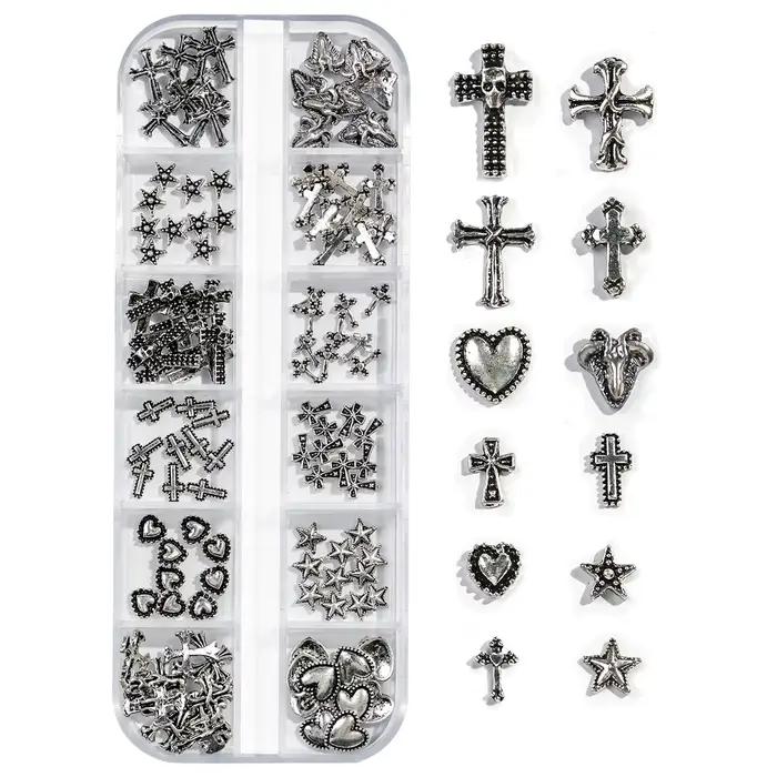 Boîte de 12 grilles Vintage en forme de croix en alliage de Zinc, bijoux pour ongles, fournitures en