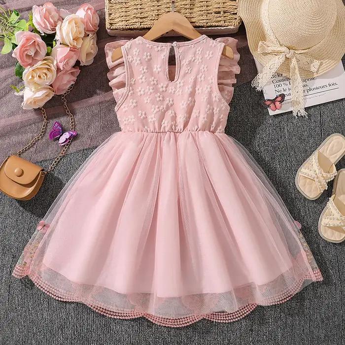 Robe de princesse pour filles de 4 à 7 ans, col rond, manches à ailes, nœud papillon, imprimé Floral