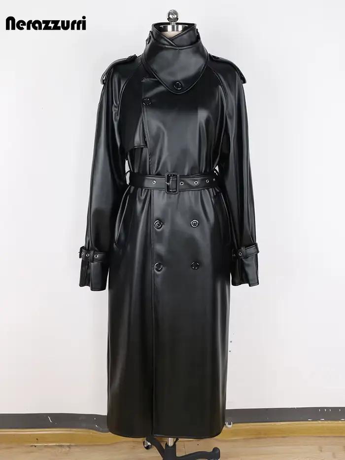 Nerazzurri-Manteau long en cuir PU pour homme, pardessus croisé, coupe-vent, imperméable, noir, cein