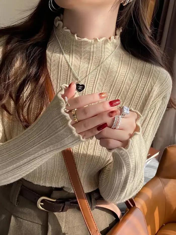 Pull tricoté à manches longues et col roulé pour femme, couleur unie, à volants, décontracté, nouvel