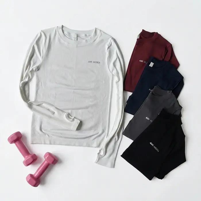 Haut de yoga pour femmes, chemise sans couture, t-shirts de sport, vêtements de fitness, manches lon